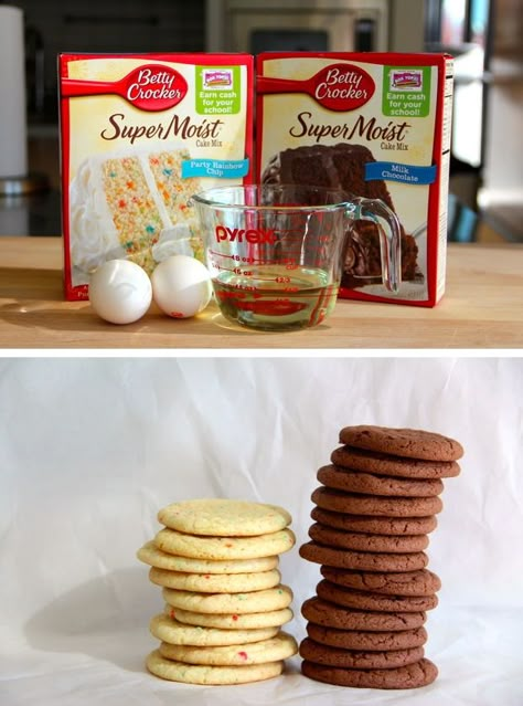 Cake Mix Cookies ~ 1 box cake mix, 2 eggs, 1/2 cup oil.  Beat eggs into oil until well combined.  Add to dry cake mix & blend well.  Drop by rounded tablespoonfuls onto cookie sheet, bake at 350 degrees for 12-14 minutes: do not over-bake.  They'll be puffy & look like they're not done when they first come out of the oven, but will flatten & firm up as they cool.  Makes about 2 dozen cookies. Easy Cake Mix Cookies, Vanilla Sugar Cookie Recipe, Cake Box Cookies, Dry Cake, Cake Mix Cookie Recipes, Vanilla Sugar Cookie, Box Cake Mix, Cake Mix Recipes, Cake Mix Cookies