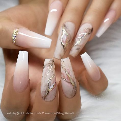 ✨ French Ombre, Glitter Marble and Crystals on long Coffin Nails 👌 • 💅 Nail Artis French Ombre, Ombre Glitter, Marble Nail Art, Ombre Acrylic Nails, Marble Cake, Coffin Nails Long, Nail Swag, Summer Acrylic Nails, Glam Nails