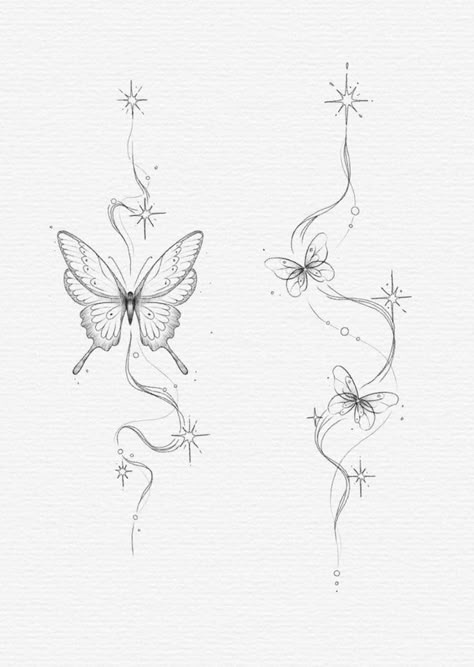 Orchid And Hibiscus Tattoo, Celestial Tattoo Simple, Cool Fineline Tattoo, Celestial Butterfly Tattoo, Henna Tattoo Designs Butterfly, Fineline Star Tattoo, Creative Name Tattoos, Fineline Butterfly Tattoo, Butterfly Tattoo Back