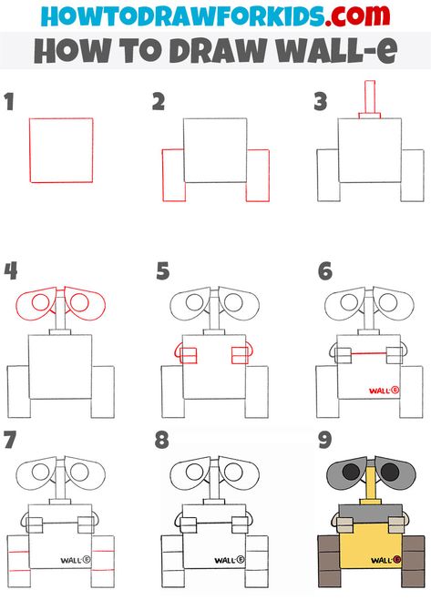 How to Draw WALL-E - Easy Drawing Tutorial For Kids Disney Doodles Easy Simple, Disney How To Draw, Wall E Drawings Easy, Wall E Easy Drawing, Step By Step Drawing Disney, Wall E Doodle, Easy Minecraft Drawings, Easy Disney Drawings Step By Step, Wall-e Drawings