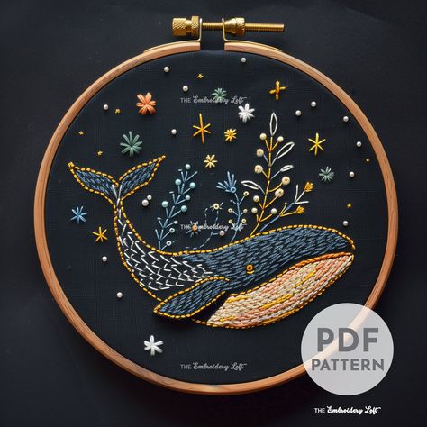 DESCRIPTION Add of touch of mystic charm to your home with this Celestial Whale hand embroidery pattern! Perfect for lovers of the supernatural and embroidery enthusiasts! Get your hoop ready and stitch up some nighttime magic with this charming embroidery project! Happy stitching! This listing is for a digital PDF pattern, which includes: ~ Printable pattern scaled to fit 3" to 8" hoops ~ DMC color and stitch suggestions ~ Beginner's Guide to Hand Embroidery with a FREE sample pattern ~ Beginne Embroidery Abstract Art, Zodiac Embroidery Patterns, Cool Embroidery Designs Clothes, Hand Embroidery Teacher Gift, Beads Embroidery Patterns, What To Embroider On, Printable Embroidery Designs, Mini Embroidery Patterns, Blue Crochet Ideas