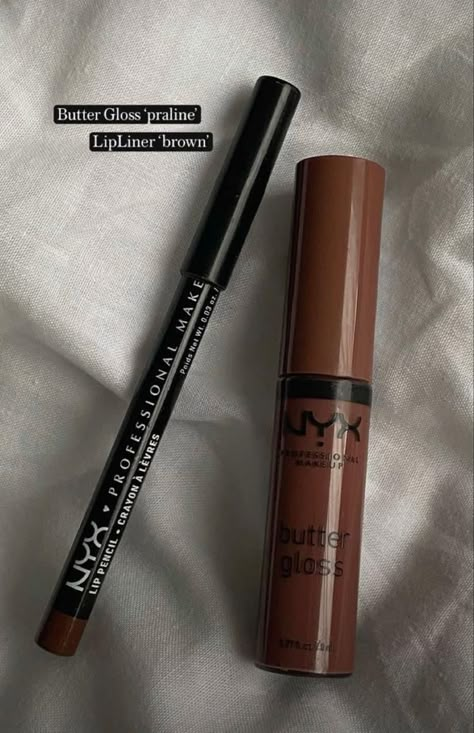 Nyx Lip Gloss Dark Skin, Nyx Butter Gloss Lip Combos, Brow Lip Combo, Nyx Combo Lipsticks, Makeup Products Ideas, Makeup Products Lip Liner, Nyx Butter Gloss Light Skin, Best Lip Combo For Light Skin, Nyx Cinnamon Roll Butter Gloss