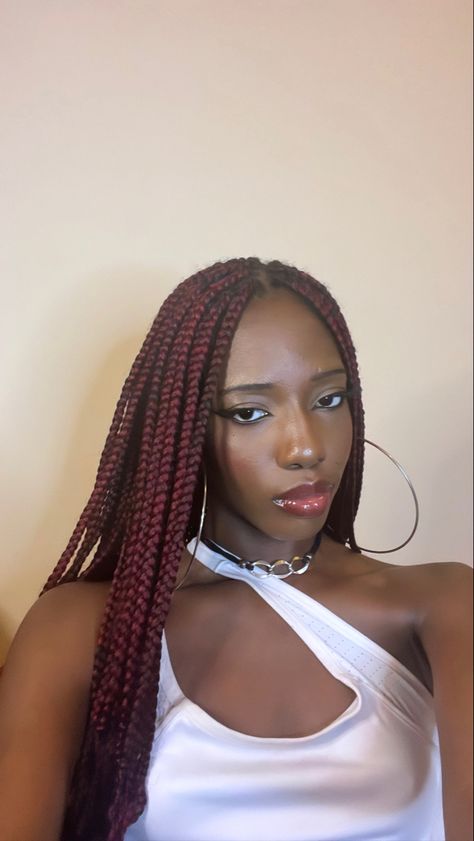 Box Braids Burgundy, Red Braids On Dark Skin, Cherry Red Box Braids, Red Box Braids Black Women, Maroon Box Braids, Dark Red Braids For Black Women, Burgundy Braids On Dark Skin, Box Braids Red, Dark Red Box Braids