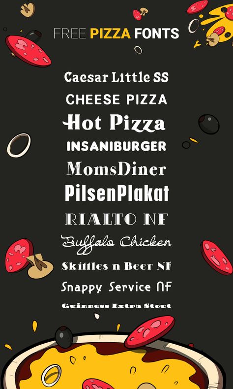 Free Pizza Fonts -  https://www.templatemonster.com/blog/free-food-fonts/ Food Font Design, Restaurant Font, B2 Spirit, Beer Typography, Font For Logo, Coffee Pastry, Broccoli Pizza, Food Font, Food Typography