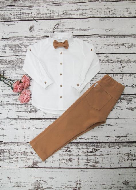 Tan Baby Ring Bearer Knit Outfit by Vestos | Junebug Weddings Ring Bearer Outfit Brown, Wedding Bearers, Baby Ring Bearer, Ring Bearer Outfits, Ring Bearer Suit, Suspenders Outfit, Vintage Engagement Ring Settings, Baby Ring, Kids Ties