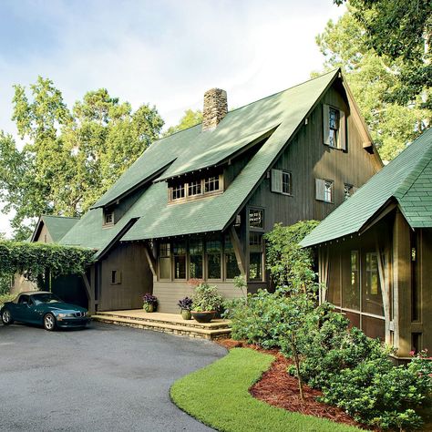 Naturally Inspired Georgia Lake House Green Roof House, Houses Exterior, Lake Houses, Cabin Exterior, Dark House, Cottage Exterior, Spring Park, Farmhouse Remodel, House Roof