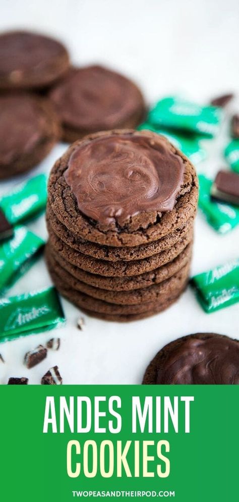 Andes Mint Cookies-soft and chewy chocolate cookie topped with an Andes Mint that melts into the cookie, creating a divine chocolate mint frosting! The perfect cookies for the holiday season! Mint Chocolate Cookies, Andes Mint Cookies, Andes Mint Chocolate, Mint Frosting, Chocolate Chip Shortbread Cookies, Chocolate Mint Cookies, Chewy Chocolate Cookies, Perfect Cookies, Andes Mint