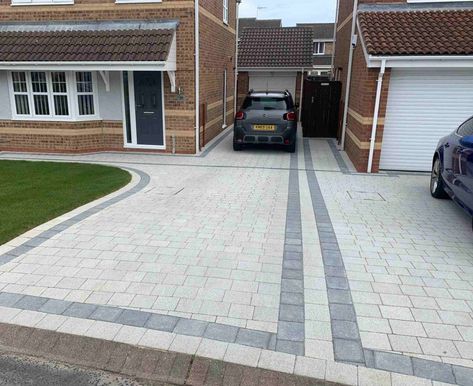 Block Paving Driveway Patterns, Paving Bricks Driveways, Grey Brick Driveway Ideas, Block Paving Garden Ideas, Brick Paver Driveway Ideas, Front Path Ideas, Small Front Driveway Ideas Uk, Block Driveway Ideas, Monoblock Driveway Ideas