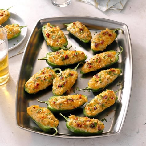 My brother moved to New Orleans and I love visiting him and his family whenever I can. These easy jalapeno poppers are stuffed with crab, cajun seasonings and bacon. They're a little hot and spicy, just like a visit to New Orleans! —Elizabeth Lubin, Huntington Beach, California New Orleans Finger Food, New Orleans Appetizers Finger Foods, Crab Poppers, Cajun Appetizers, Fireless Cooking, Cajun Seasonings, Appetizers Kids, Savory Apps, Mini Peppers Recipes