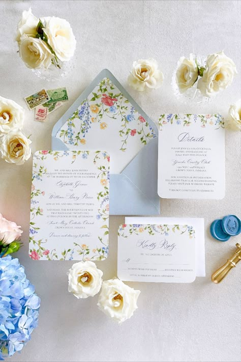 With an elegant watercolor wildflower border, the Mayfair wedding invitation set is perfect for a secret garden-themed wedding. Your wedding is an invitation to your family friends to witness one of the most romantic moments of your life, and it’s an opportunity for you as a couple to showcase your style. This is your chance to allow your guests a sneak peek into what they can expect on your wedding day. Wedding Invitations Flowers Watercolor, Wild Flower Wedding Website, Pear Wedding Invitations, Wedding Invitation Watercolor Floral, Spring Garden Wedding Invitations, Modern Garden Wedding Invitations, Spring Floral Wedding Invitations, Summer Wedding Stationary, Spring Wedding Wildflowers