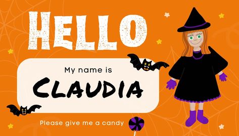 Orange and Black Illustrated Cute Hello Halloween Name Tag 🤍Halloween, name, My name is, name tag, tag, hand drawn, trick or treat, label, kids, cute🤍 #canva #canvatemplate #freetemplate #canvafree My Name Is Name Tag, Halloween Name Tags, Name Tag Templates, Halloween Names, Tag Template, Name Tags, Name Tag, Name Plate, My Name Is