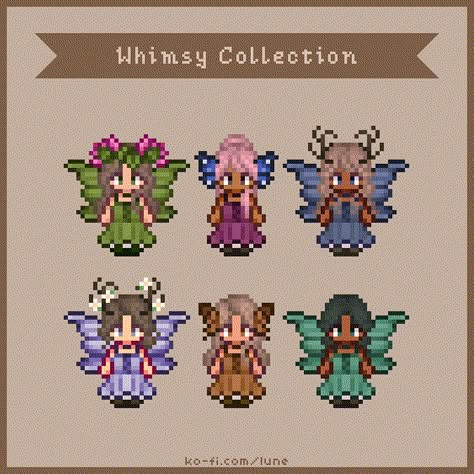 Magickal, nature-infused designs 🧚  This mod is a set of 6 animated fairy gowns Matching animated wings & 5 head pieces  ──────────────── ❖ ─────────... Stardew Valley Frog, Stardew Valley Clothes Mod, Stardew Expanded, Fairy Pixel Art, Pixel Art Fairy, Pixel Fairy, Animated Wings, Stardew Mods, Stardew Valley Mods