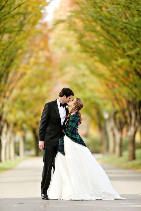 Tartan Stole at Fall Wedding | Bride and Bridesmaids cover up ideas | Wedding cover ups | fabmood.com 1st Day Of Fall, Travis Wedding, Plaid Wedding, Tartan Wedding, Wedding Wednesday, Plaid Shawl, Kleinfeld Bridal, November Wedding, Wedding Dresses 2018