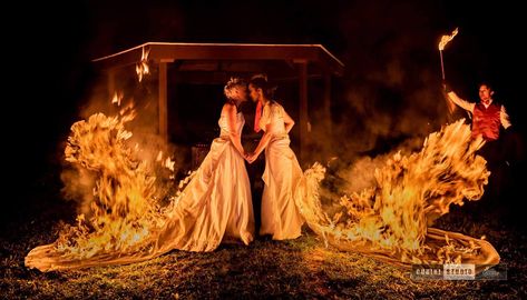 The hottest wedding ever: a fire & performance themed wedding Dress On Fire, Fantasy Wedding Dress, Fantasy Wedding Dresses, Fire Photo, Old Man Fashion, Aerial Dance, Fire Photography, Offbeat Bride, Fantasy Wedding