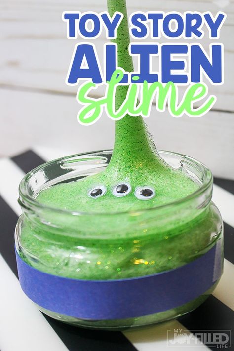 If your kids love Disney's Toy Story, they will love this Toy Story Slime! This green toy story alien slime is not only easy to make but so much fun to play with! #toystory #toystory4 #slime #slimerecipe #toystoryslime Science Activities For Infants, Activities For Infants, Toy Story Crafts, Slime Ideas, Slime Recipes, Toy Story Movie, Slime Toy, Toy Story Theme, Green Alien