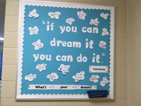 Elementary School Bulletin Board #RHMS #privateschool #montessori #bulletin #board #bulletinboard #teacher #teaching #teachers #student #students #studentlife #inspire #inspiration #education #quotes #waltdisney #disney #dreams #dream #believeinyourself #dreambig #elementary #kids #children #learning #ideas Teacher Motivation Bulletin Boards, Student Success Bulletin Board, Student Progress Bulletin Board, Dream Big Bulletin Board, Dream Big Aim High Bulletin Board, Elementary School Bulletin Boards, Motivational Bulletin Boards, Inspirational Bulletin Boards, Work Bulletin Boards