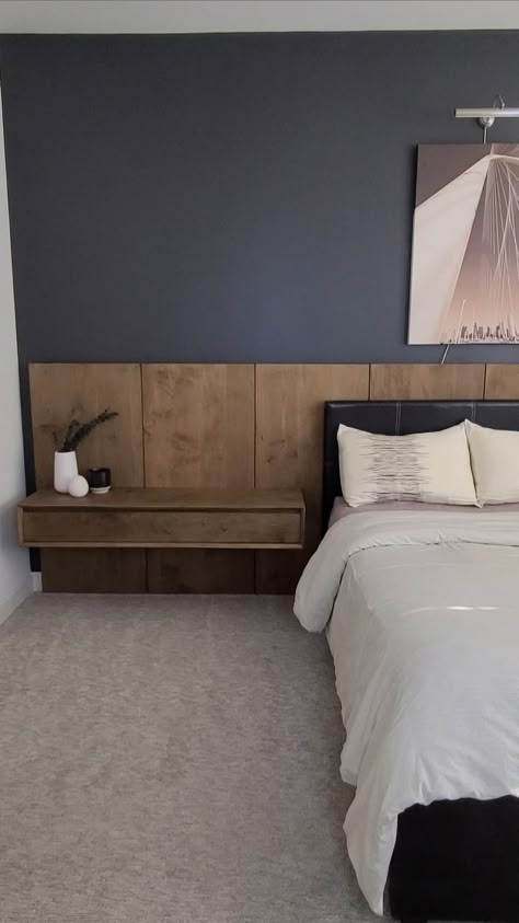 A headboard is in almost every bedroom, so why not make a unique and bold statement with it? We’ve designed a modern DIY headboard with floating nightstands to be a functional yet beautiful wall feature. This post will cover how to make the DIY headboard, including the plans, tools and materials necessary. Diy Headboard With Sconces, Built In Bed Headboard, Bedroom Ideas Headboard Wall, Whole Wall Headboard Ideas, Mounted Headboard To Wall, Beds No Headboard Ideas, How To Make Your Own Headboard, Headboards With Lights, Wall Headboard Ideas Diy Master Bedrooms