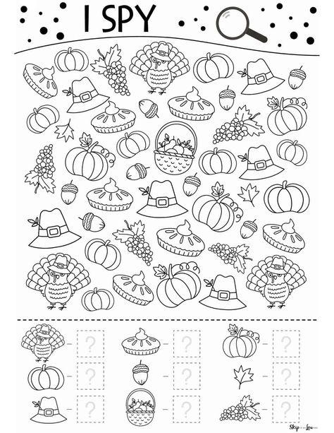 Thanksgiving I Spy worksheet Fill in the number of items found at the bottom for turkeys, pumpkins, Pilgrim hats, pie, acorns, basket of fruit, pumpkins with a leaf, and grapes