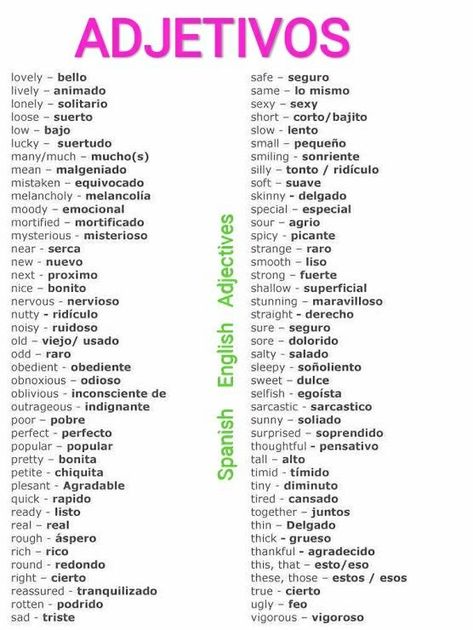 English To Spanish Words, Spanish Adjectives, Spanish Notes, Useful Spanish Phrases, Spanish Words For Beginners, Basic Spanish Words, English Adjectives, Spanish Basics, Study English Language