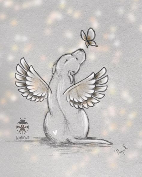 Animal With Wings Tattoo, In Memory Of Dog Tattoo, Angel Dog Tattoo, Dog Angel Tattoo, Heaven Drawing, Dog In Heaven, Small Dog Tattoos, Angel Wings Drawing, Miss My Dog