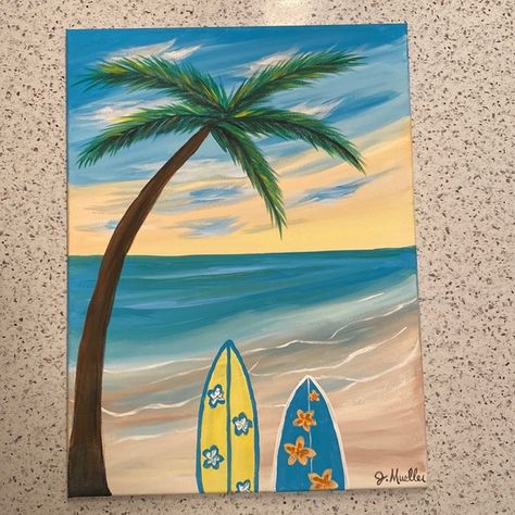 “Surf’s Up” is My original acrylic painting design on 11”x14” unframed canvas. Surfboard Painting On Canvas, Tropical Painting Ideas, Beach Painting Ideas, Beachy Paintings, Surfboard Painting, Beach Sunset Painting, Summer Drawings, Ocean Tropical, Beach Art Painting