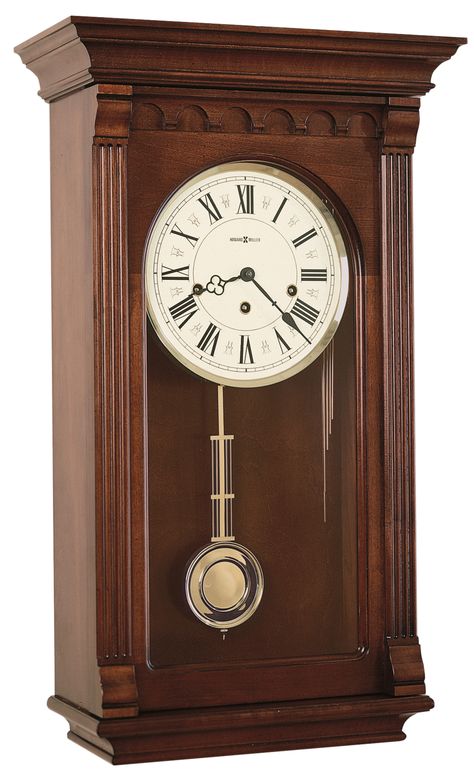 Finished in Windsor Cherry on select hardwoods and veneers. An impressive pediment features a sculptured cove and enlarged dentil molding. An off-white Roman numeral dial features a solid brass bezel and decorative accents between the numerals. A polished and raised brass-finished pendulum with grid, and polished chime rods add a distinctive touch to the interior. A high-precision, German-made, Kieninger® key-wound, Westminster chime movement plays 1/4, 1/2, and 3/4 chimes accordingly. Chiming Wall Clocks, Howard Miller Wall Clock, Dentil Molding, Wall Clock Simple, Best Wall Clocks, Traditional Wall Clocks, Classic Clocks, Pendulum Wall Clock, Howard Miller