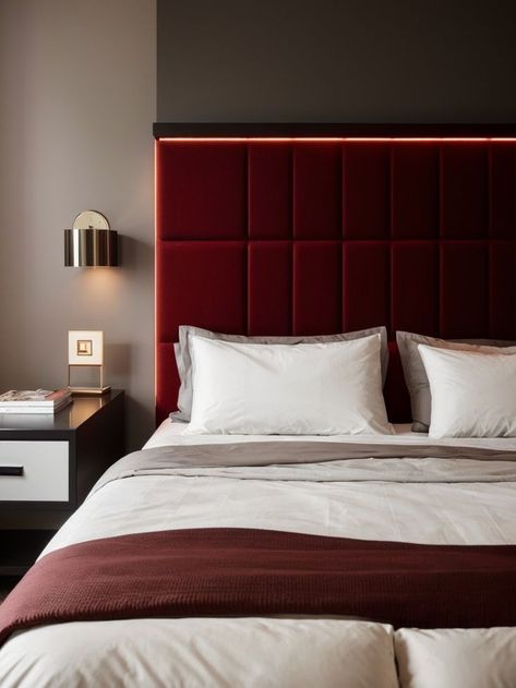 Red Led Aesthetic, Red Room Ideas Bedrooms, Red Upholstered Bed, Marble Floor Bedroom, Minimal Modern Bedroom, Beds Headboard, Led Aesthetic, Red Headboard, Dark Bedroom