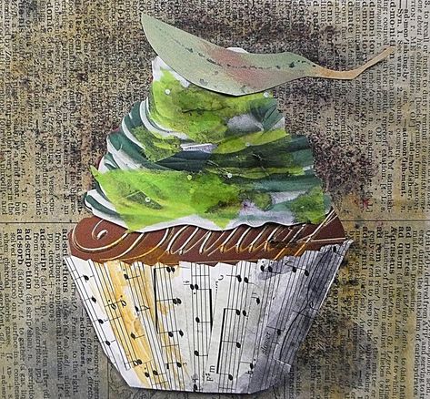 Cupcake Collage, Cupcakes Art Drawing, Cupcake Pictures Art, Painted Cupcakes, Collage Food, Treat Art, Watercolour Cupcake Painting, Paintings Of Cupcakes, Green Icing