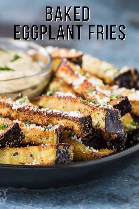 These super tasty Baked Eggplant Fries are a delicious and healthy version of French fries that will satisfy family and impress guests! With a crispy outside and tender inside, this upscaled version of the classic side is filling and yummy. Serve with a flavorful homemade chipotle basil dip on the side for the ultimate flavor combination! You’ll never go back to regular fries again once you try these. #bakedeggplantfries #sauceforfriedeggplant #sauceforroastedeggplant #eggplantrecipe #roastedegg Keto Eggplant Fries, Baked Eggplant Fries Recipes, Eggplant Fries Recipes, Crispy Eggplant Fries, Yummy Eggplant Recipes, Fried Eggplant Fries, Eggplant Fries Baked, Oven Roasted Eggplant Recipes, Eggplant Fries Air Fryer