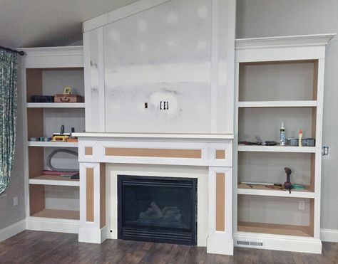 Craftsman Style Fireplace Ideas, Diy Shaker Fireplace Surround, Shaker Style Fireplace Mantel, Diy Faux Fireplace With Built Ins, Building Out Fireplace Surround, Faux Fireplace Built Ins, Shaker Style Fireplace, Shaker Fireplace, Craftsman Style Fireplace