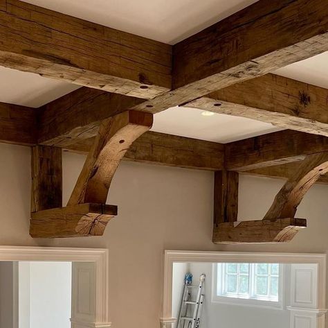 HankPageDesign on Instagram: "Such a transformation with the installation of these custom rustic oak beams. #hankpagedesign #interiordesign #interiorarchitecture #beams #rusticbeams #familyroom #remodel #beautifulhomes" Oak Beams, Wood Beam Archway, Wooden Trusses Exposed Beams, Wood Beam Ceiling Transition, Diy Hand Hewn Beams, Beam And Column Structure, Page Design, Beams, Interior Architecture