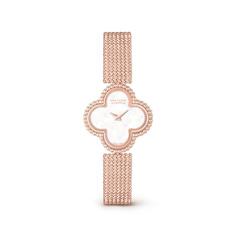 Sweet Alhambra watch. 22.7 x 22.7 mm 18K rose gold case; 18K rose gold bezel; white mother-of-pearl dial; interchangeable 18K rose gold bracelet; 18K rose gold folding buckle; Swiss quartz movement Alhambra Watch, Alhambra Van Cleef, Rose Gold Highlights, Van Cleef & Arpels, Good Luck Symbols, Gold Palette, Van Cleef And Arpels, Rose Gold Beads, Rose Gold Case