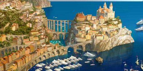 Porto Corsa Pixar Concept Art, Fantasy Cities, Fantasy Locations, Disney Illustration, Disney Concept Art, Fantasy Castle, Fantasy City, Fantasy Setting, Environment Art