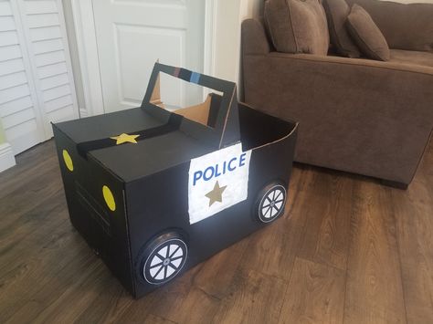 Police Cardboard Box Police Cardboard Box Car, Diy Police Car Cardboard Boxes, Police Car Valentine Box Ideas, Police Car Cardboard, Halloween Wagon Ideas, Transportation Parade, Police Theme Birthday, Halloween Wagon, Police Decorations