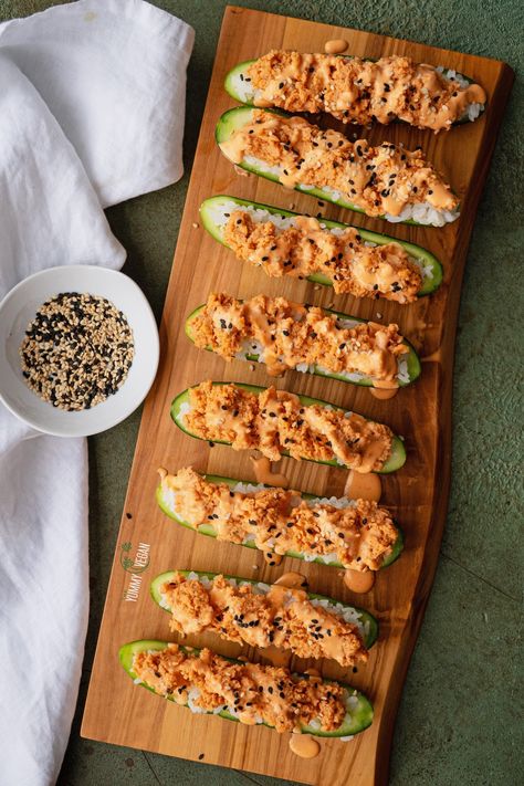 Cucumber Sushi Boats — The Yummy Vegan Vegan Cucumber Boats, Chickpea Sushi, Cucumber Sushi Boat, Cucumber Sushi Boats, Sushi Boats, Vegan Cucumber, Cucumber Boats, Shrimp Summer Rolls, Crab Sushi