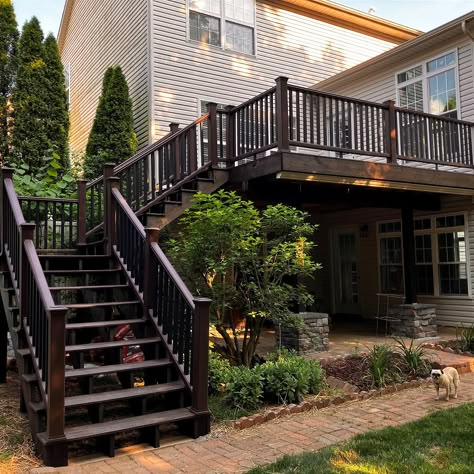 These stylish stairs, stained with ExoSheild Black Walnut, not only add depth and richness to this beautiful outdoor space, but also offer unparalleled protection against the elements. 🤩 #NovaUSAWood #ExoShield #HomeDesign Stairs Stained, Stylish Stairs, Back Deck Designs, Mountain House Exterior, Backyard Plans, Deck Inspiration, Devon House, Deck Railing Design, Deck Decor