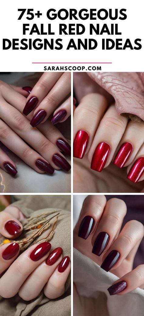 Discover your next fall-inspired red nail design! 💅🍁 #nailinspo #fallnails #rednails Shades Of Red Nails Ideas, Oxblood Nails Acrylic, Short Fall Ombre Nails, Christmas Color Nails Simple, Dark Red Shellac Nails, Dark Red Autumn Nails, Red November Nails, Red Finger Nails, Red Shellac Nails Design