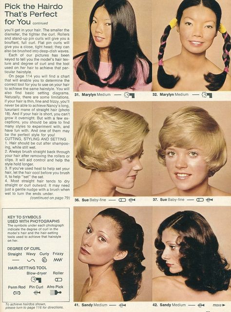 Incurlers: Pick a Hairdo! Common Hairstyles, 70’s Hair, 1970s Hairstyles, 70s Hair, Hair Patterns, Retro Beauty, Hair Magazine, Amazing Hair, Black Hairstyles