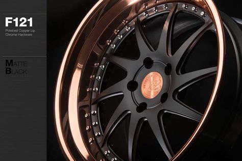 F121 – Matte Black w/ Polished Copper Lip | Avant Garde Wheels – Avant Garde Wheels Copper Wheels Cars, Black And Rose Gold Motorcycle, Gold Rims Wheels, Avant Garde Wheels, Kia Car, Rose Gold Rims, Porsche Wheels, Black Porsche, Pink Rims