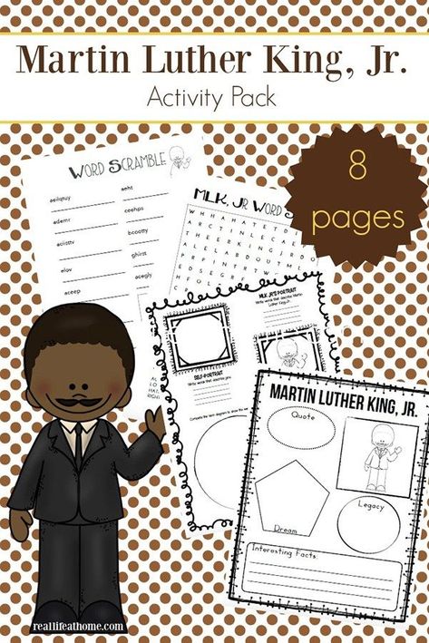 Free printable eight page Martin Luther King Jr. worksheets packet which includes items such as a Martin Luther King Jr. word search, MLK word scramble, and more. | Real Life at Home Martin Luther King Jr Activities 3rd, Martin Luther King Jr Worksheets, Martin Luther King Worksheets, January Holidays, Mlk Crafts, Martin Luther King Activities, Mlk Activities, Homeschool Units, Martin Luther Quotes