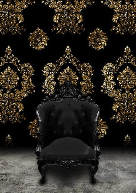 "Asylum Art", Golden Black Barock BG by the-night-bird Gold Damask Wallpaper, Baroque Chair, Throne Chairs, Tapete Gold, Karaoke Room, Black Gold Jewelry, Black Chair, Damask Wallpaper, Black Furniture