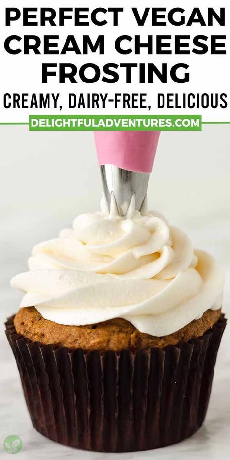 Learn how to make vegan cream cheese frosting that can be piped and is the best for topping or filling cupcakes, carrot cake, cookies, cinnamon rolls, whoopie pies, and more! Yes, it’s possible to make a great dairy-free cream cheese icing is nut-free (that's right, no cashews!). Dairy Free Carrot Cake Frosting, Non Dairy Cream Cheese Frosting, Df Cream Cheese Frosting, Dairy Free Icing For Cupcakes, Lactose Free Cream Cheese Frosting, Vegan Icing Frosting, Non Dairy Frosting, Cream Cheese Frosting For Cake, Cream Cheese Fristing