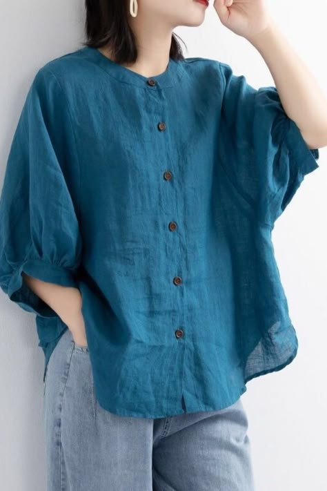 Women Lantern Sleeve Half O-Neck Retro Cotton Linen Shirts Literary Shirts, Linen Shirts Women, Loose Fit Shirts, Fitted Blouses, Linen Blouse, Loose Shirts, Lantern Sleeve, Linen Top, Lantern Sleeves