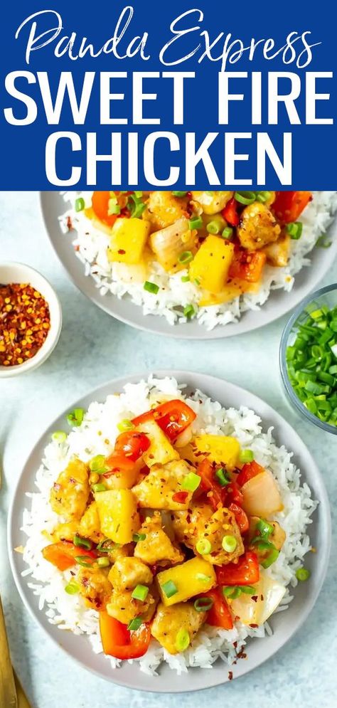 This Sweet Fire Chicken is a perfect Panda Express copycat with chicken, red pepper, onion and pineapple in a spicy sweet chili sauce. #sweetfirechicken #pandaexpress Sweet Fire Chicken, Panda Express Copycat, Sweet Chili Chicken, Fire Chicken, Budget Recipes, Pineapple Chicken, Panda Express, Kitchen Fun, Meal Prep Bowls