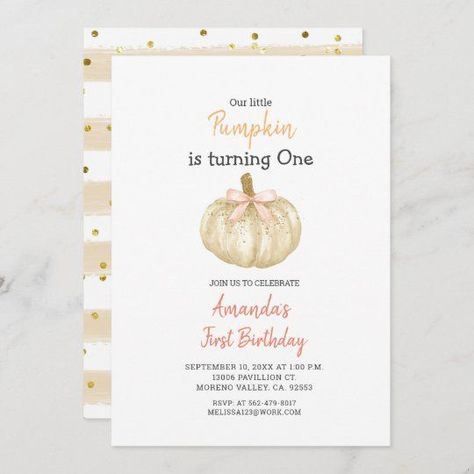 WHITE Gold Glitter Pumpkin 1st Birthday Invitation - Popular Zazzle Product! Best choice, tags : #invitations, #tshirt, #card, #InvitationsCard, #legging, #trending, #holiday Pumpkin Girl, Pumpkin 1st Birthdays, Fall Party Themes, Pumpkin First Birthday, Flower Girl Card, Autumn Invitations, Glitter Pumpkins, Pink Pumpkin, 1st Birthday Invitation