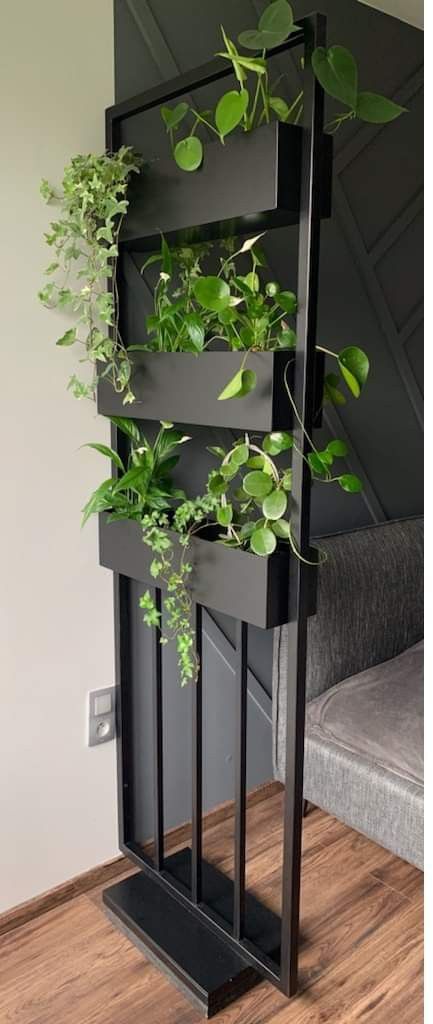 Decorate Narrow Wall, Living Room Division Ideas, Freestanding Plant Wall, Plant Feature Wall Indoor, Gym Entrance Design Entry Ways, Plant Shop Design, Plant Separator, Plant Wall Divider, Room Divider Using Plants