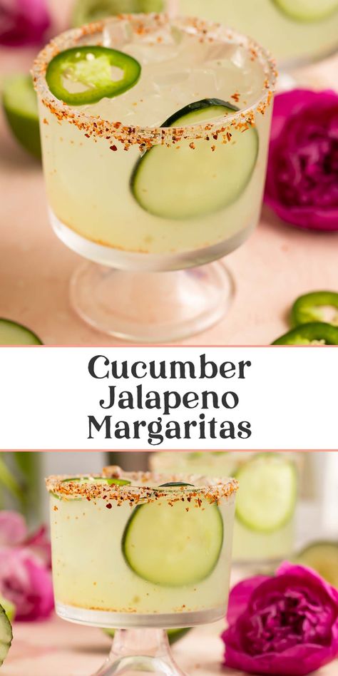 My all-time favorite cocktail is a cucumber jalapeno margarita! Refreshing with a spicy little kick, I've been making these easy summer drinks at home for years. They're perfect for Cinco de Mayo, Labor Day weekend, and every summer party in between. Spicy Cucumber Cocktail, Easy Spicy Margarita Recipes, Jalapeno Cucumber Margarita Recipe, Cucumber Lime Tequila Cocktail, Jalapeno Tequila Drinks, Batch Spicy Margarita Recipe, Cocktails With Jalapeno, Jalapeno Margarita Mocktail, Jalapeño Cucumber Margarita