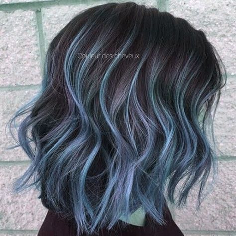 Blue Hair With Dark Roots, Light Blue Highlights In Brown Hair, Blue Grey Hair, Long Hair Designs, Dreamy Hair, Hair Today Gone Tomorrow, Highlighted Hair, Salt And Pepper Hair, Black Roots