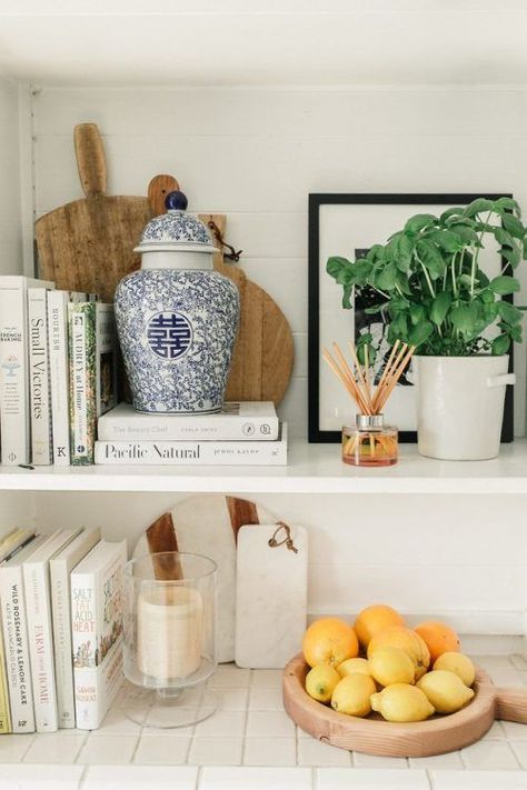 Fruit Display Countertop, Harlowe James Kitchen, Cookbook Shelf Styling, Kitchen Shelves Cookbooks, Styling Cookbooks In Kitchen, Italy Inspired Decor, Lemon Interior Design, How To Style Cookbooks In Kitchen, Open Shelf Kitchen Styling