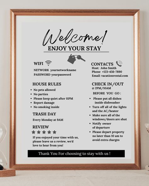 Just in! This unique Welcome Sign for Airbnb Hosts, Vacation Rental Printable, Guest Arrival Poster, Template for VRBO, Things to Know, Beach House Rules, Wifi for $3.20. #VRBO #AirbnbTemplate #BeachHouseRules #Template #BeachCondoRules #Printable #VrboTemplate #VacationRental #AirbnbWelcomeSign #GuestArrivalPoster Airbnb Decor Room Ideas, Bnb Ideas, Airbnb House Rules, Airbnb Apartment, Airbnb Tips, House Rules Sign, Airbnb Welcome Sign, Arrival Poster, Airbnb Ideas